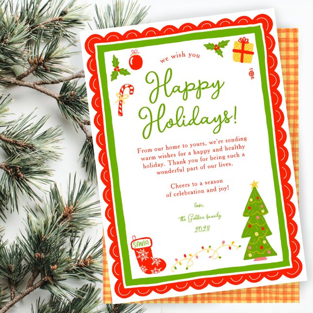 Tarjeta Festiva Whimsical Cute Christmas CUSTOM Scalloped  (Whimsical Cute Christmas CUSTOM Scalloped Hand-drawn Gingham Non-Photo Holiday Card
)