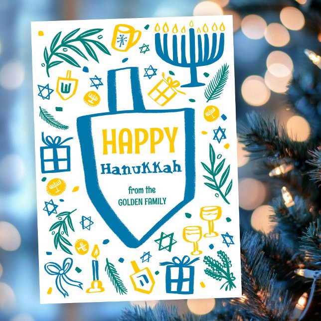 Tarjeta Festiva Whimsical Cute Dreidel Menorah PERSONALIZADO HANUK (Whimsical Cute Dreidel Menorah CUSTOM HANUKKAH Holiday Card
)