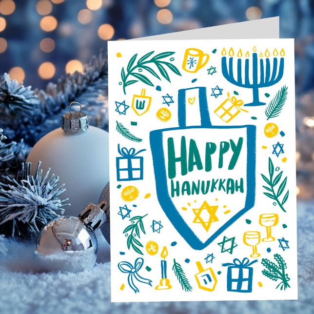 Tarjeta Festiva Whimsical Cute Dreidel Menorah PERSONALIZADO HANUK (Whimsical Cute Dreidel Menorah CUSTOM HANUKKAH Holiday Card
)