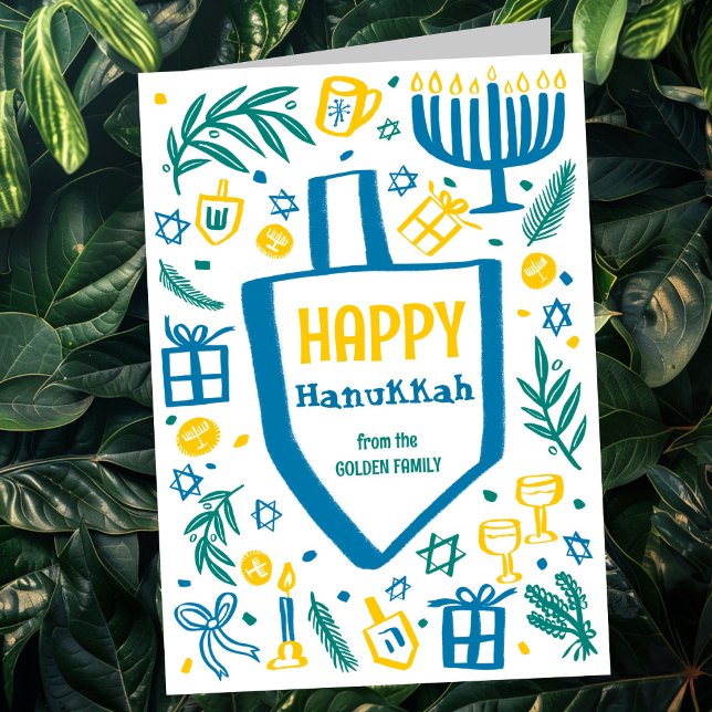 Tarjeta Festiva Whimsical Cute Dreidel Menorah PERSONALIZADO HANUK (Whimsical Cute Dreidel Menorah CUSTOM HANUKKAH Holiday Card
)