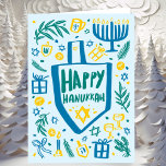Tarjeta Festiva Whimsical Cute Dreidel Menorah PERSONALIZADO HANUK<br><div class="desc">Una tarjeta perfecta para unas vacaciones divertidas. ¡La mano hizo arte para ti! ¡TODO PERSONALIZABLE! Haga clic en "Personalizar" para editar el texto en el interior de la tarjeta. Haga clic en "editar usando la herramienta de diseño" para ajustar las fuentes, colores y colocaciones. (también revisa mi tienda por diseños...</div>