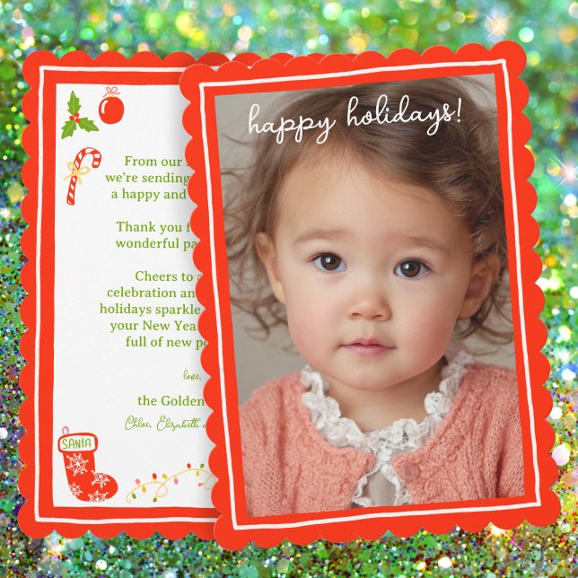 Tarjeta Festiva Whimsical Cute Icons Christmas CUSTOM PHOTO (Whimsical Cute Icons Christmas CUSTOM PHOTO Scalloped Edge Holiday Card
)