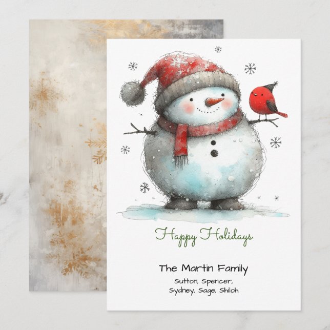 Tarjeta Festiva Whimsical Cuyo Hombre de Nieve y Ave Roja Feliz (Anverso / Reverso)