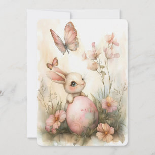 Tarjeta Festiva Whimsical Easter Bunny con mariposas Rubor Pink
