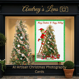 Tarjeta Festiva Whimsical Elf Climbing Ladder to Tree 