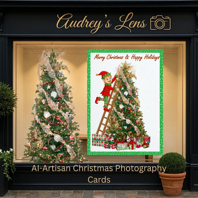 Tarjeta Festiva Whimsical Elf Climbing Ladder to Tree  (Subido por el creador)