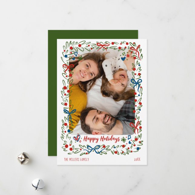 Tarjeta Festiva Whimsical festive Christmas Photo Card wreath (Anverso/Reverso In Situ)