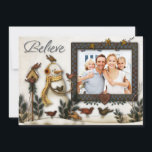 Tarjeta Festiva Whimsical Folk Art Snowmen Christmas Photo Card<br><div class="desc">This festive and fun whimsical "Believe" Christmas photo card has creamy white snowmen decked out in hats, scarves, and earmuffs in red, gold, green, yellow; birds with a wooden birdhouse, rustic wire look stars, hearts, and berries, pine branches, along with a blue and brown checkerboard frame for you to add...</div>