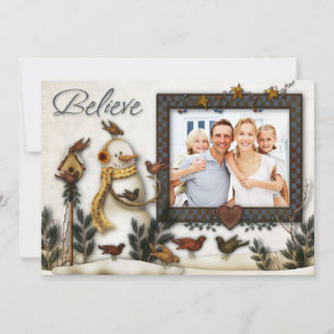 Tarjeta Festiva Whimsical Folk Art Snowmen Christmas Photo Card