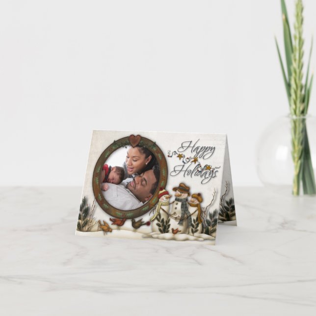 Tarjeta Festiva Whimsical Folk Art Snowmen Christmas Photo Card (Anverso)