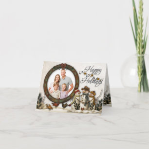 Tarjeta Festiva Whimsical Folk Art Snowmen Christmas Photo Card