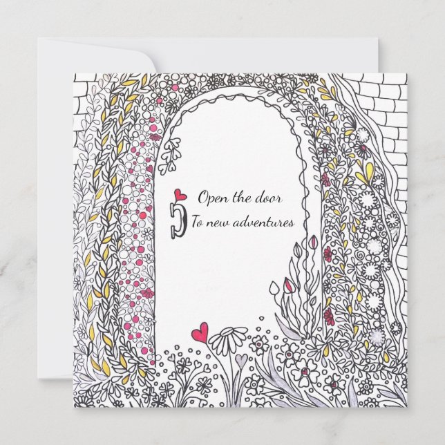 Tarjeta Festiva Whimsical Garden Door New Adventures Square Art (Anverso)