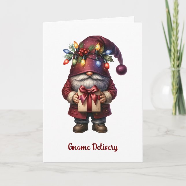 Tarjeta Festiva Whimsical Gift Giving Christmas Gnome (Anverso)