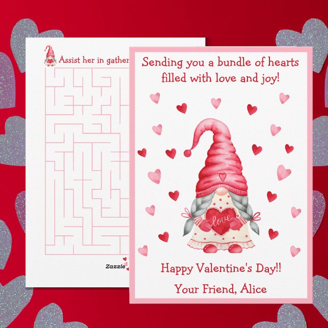 Tarjeta Festiva Whimsical Gnome Classroom El día de San Valentín (Personalize this beautiful card and surprise your friends and classmates. Get yours today!)