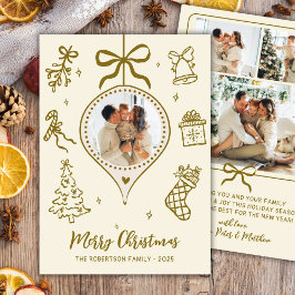 Tarjeta Festiva Whimsical Gold Hand Drawn Photo Merry Christmas