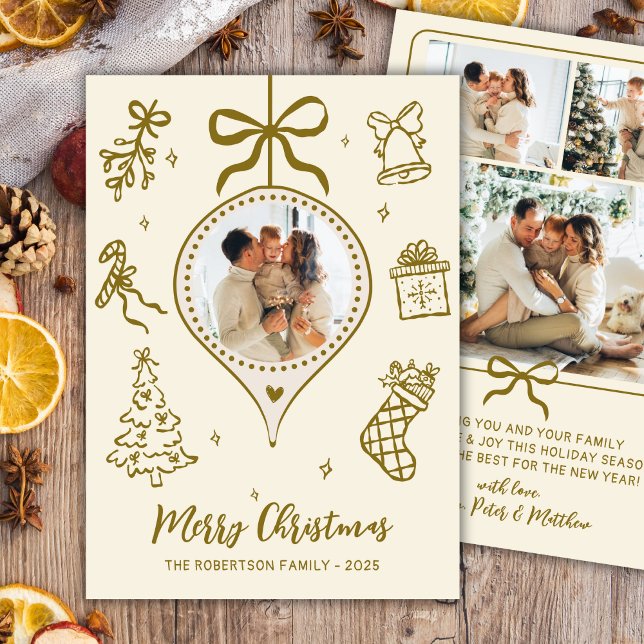 Tarjeta Festiva Whimsical Gold Hand Drawn Photo Merry Christmas (Subido por el creador)