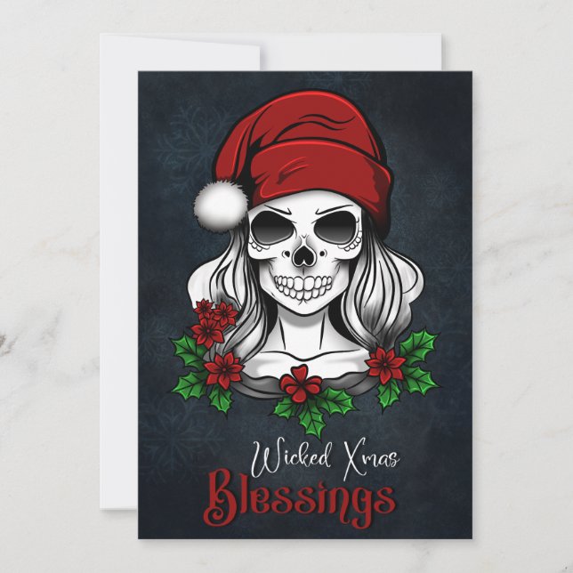 Tarjeta Festiva Whimsical Gothic Santa Skull Navidades (Anverso)