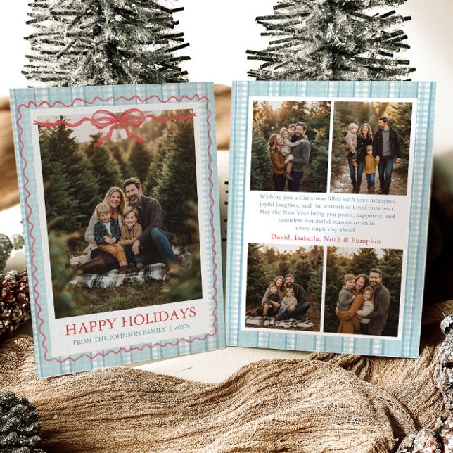 Tarjeta Festiva Whimsical Grandmillenial Blue Bow Family Photo (Whimsical Grandmillenial Blue Bow Family Photo Holiday Card)