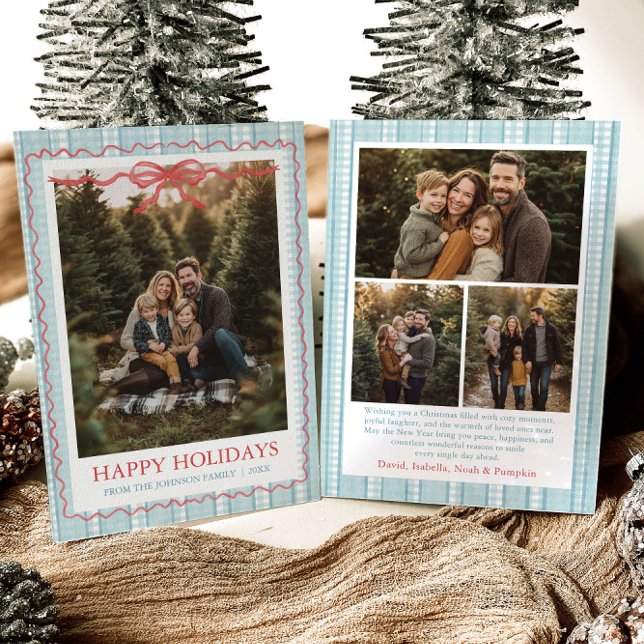 Tarjeta Festiva Whimsical Grandmillenial Blue Bow Family Photo (Whimsical Grandmillenial Blue Bow Family Photo Holiday Card)