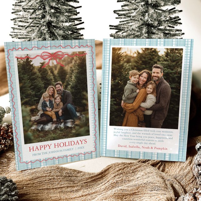 Tarjeta Festiva Whimsical Grandmillenial Blue Bow Family Photo (Whimsical Grandmillenial Blue Bow Family Photo Holiday Card)