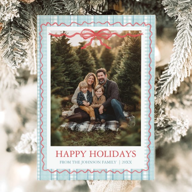 Tarjeta Festiva Whimsical Grandmillenial Blue Bow Family Photo (Whimsical Grandmillenial Blue Bow Family Photo Holiday Card)