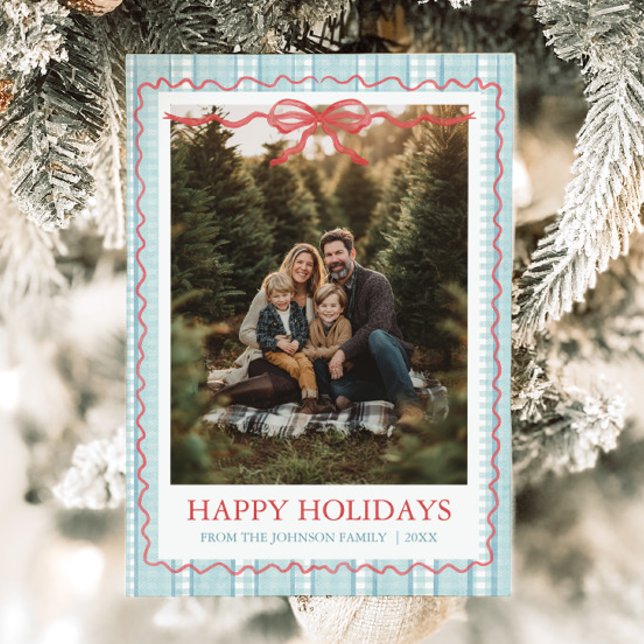 Tarjeta Festiva Whimsical Grandmillenial Blue Bow Family Photo (Whimsical Grandmillenial Blue Bow Family Photo Holiday Card)