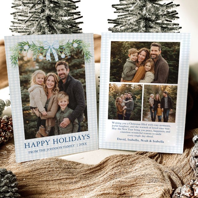 Tarjeta Festiva Whimsical Grandmillenial Blue Bow Family Photo (Whimsical Grandmillenial Blue Bow Family Photo Holiday Card)