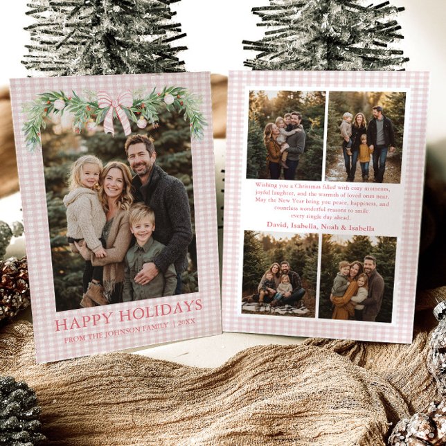 Tarjeta Festiva Whimsical Grandmillenial Pink Bow Family Photo (Whimsical Grandmillenial Pink Bow Family Photo Holiday Card)
