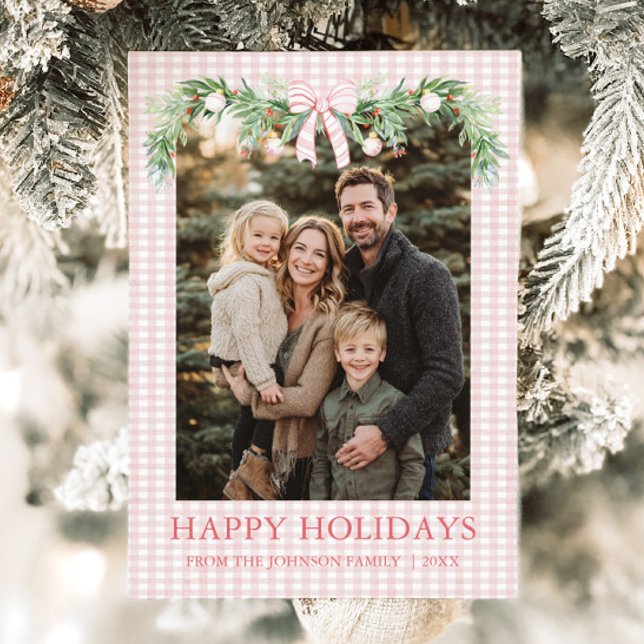 Tarjeta Festiva Whimsical Grandmillenial Pink Bow Family Photo (Whimsical Grandmillenial Pink Bow Family Photo Holiday Card)