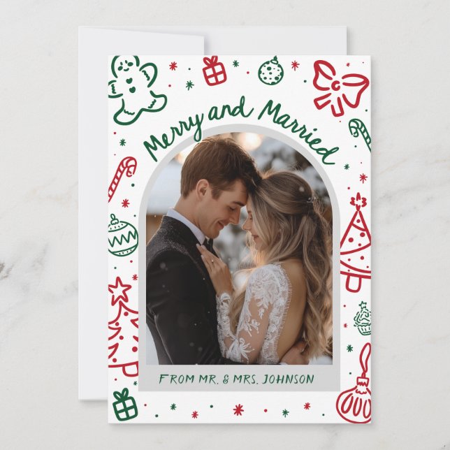 Tarjeta Festiva Whimsical Hand Drawn Arch Photo Married and Merry (Anverso)