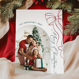 Tarjeta Festiva Whimsical Hand Drawn Bow Red Christmas Photo Card