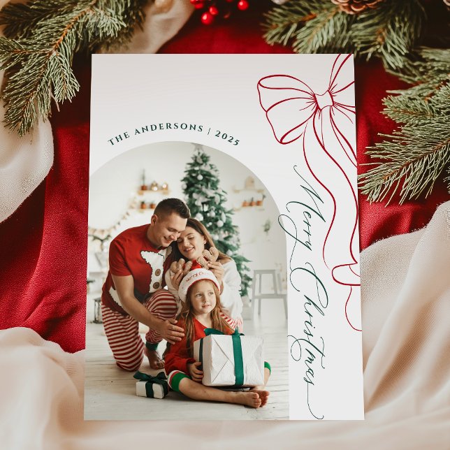 Tarjeta Festiva Whimsical Hand Drawn Bow Red Christmas Photo Card (Subido por el creador)