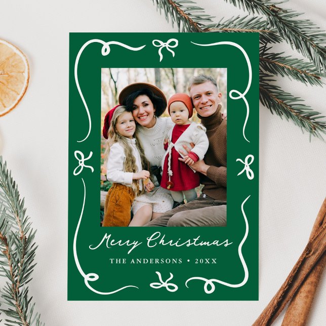 Tarjeta Festiva Whimsical Hand Drawn Bows Green 2 Photo Navidades (Subido por el creador)