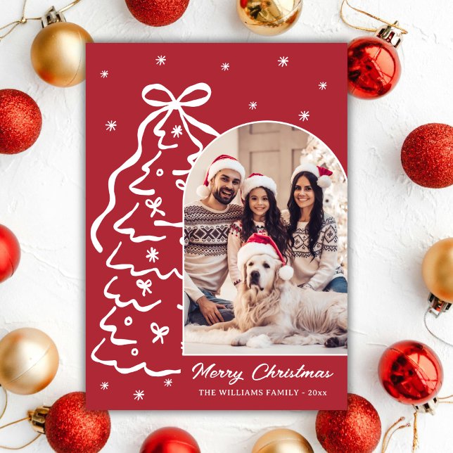 Tarjeta Festiva Whimsical Hand-Drawn Christmas Tree Photo Red (Subido por el creador)