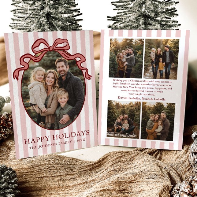 Tarjeta Festiva Whimsical Hand Drawn Coquette Red Bow Family Photo (Whimsical Hand Drawn Coquette Red Bow Family Photo Holiday Card)