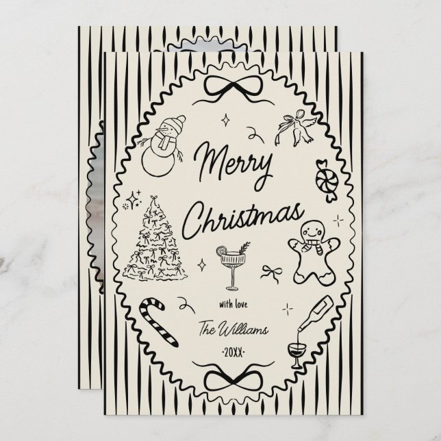 Tarjeta Festiva Whimsical Hand Drawn Doodles Christmas Photo  (Anverso / Reverso)