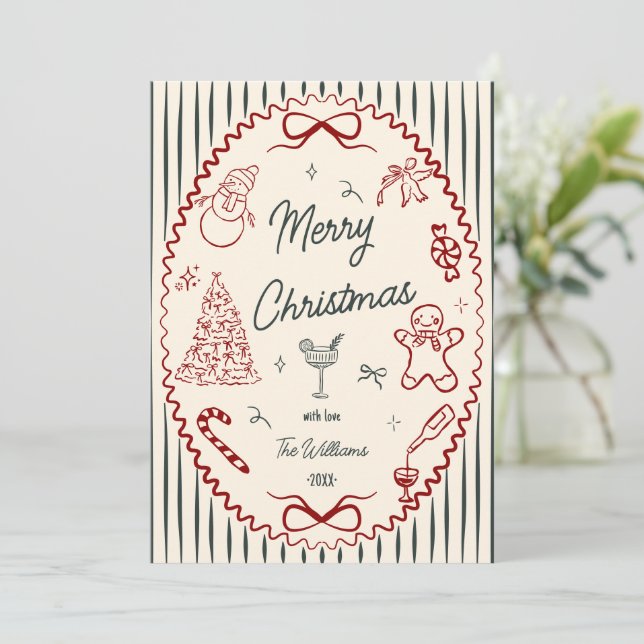 Tarjeta Festiva Whimsical Hand Drawn Doodles Christmas Photo (Anverso de pie)