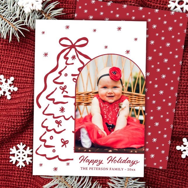 Tarjeta Festiva Whimsical Hand-Drawn Red Christmas Tree Arch Photo (Subido por el creador)