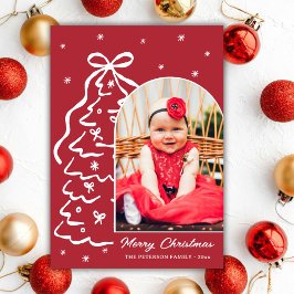 Tarjeta Festiva Whimsical Hand-Drawn Red Christmas Tree Arch Photo