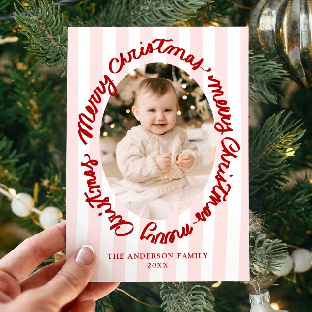 Tarjeta Festiva Whimsical Handwritten Merry Christmas Pink 2 Photo (Subido por el creador)