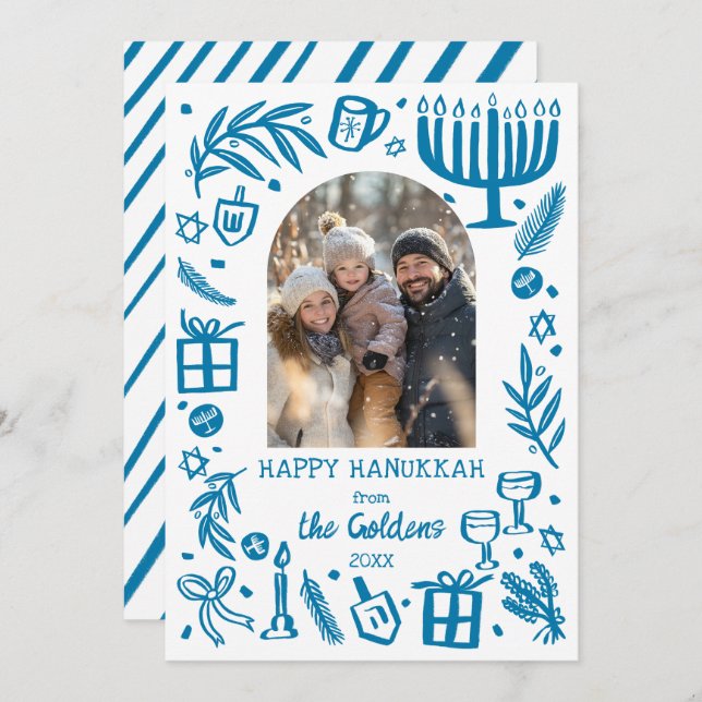 Tarjeta Festiva Whimsical Hanukkah Cute Custom Arch PHOTO  (Anverso / Reverso)