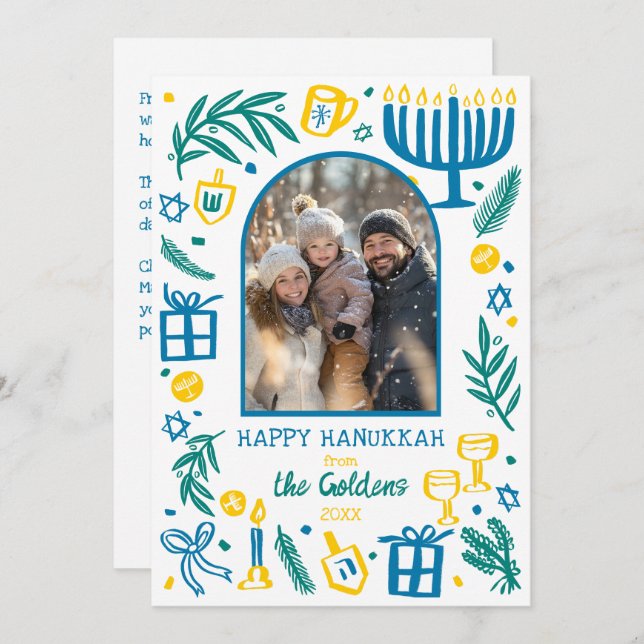 Tarjeta Festiva Whimsical Hanukkah Cute Custom Arch PHOTO  (Anverso / Reverso)