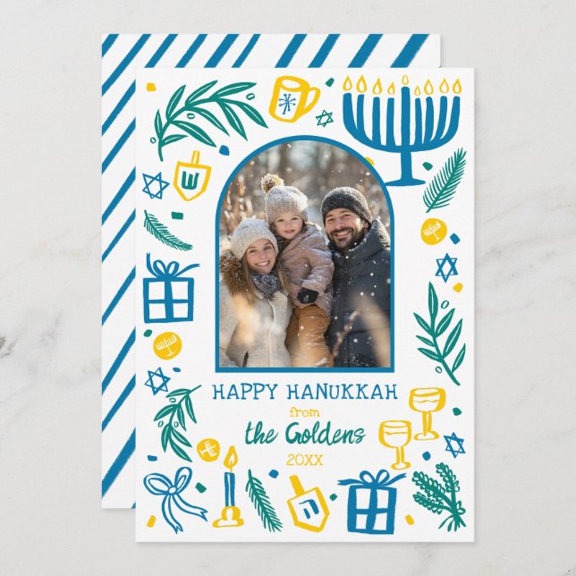 Tarjeta Festiva Whimsical Hanukkah Cute Custom Arch PHOTO  (Anverso / Reverso)