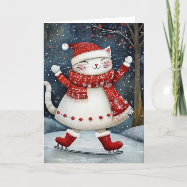 Tarjeta Festiva Whimsical Ice Skating Cat Christmas (Anverso)