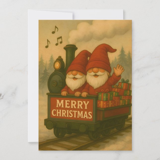 Tarjeta Festiva Whimsical Jolly Gnomes Musical Express (Anverso)