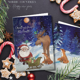 Tarjeta Festiva Whimsical Julenisse,Nordic Moose & Fox Winter