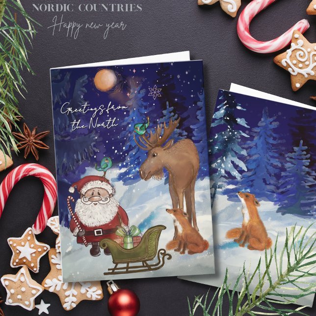 Tarjeta Festiva Whimsical Julenisse,Nordic Moose & Fox Winter  (Whimsical Julenisse,Nordic Moose & Fox Winter Holiday Card)