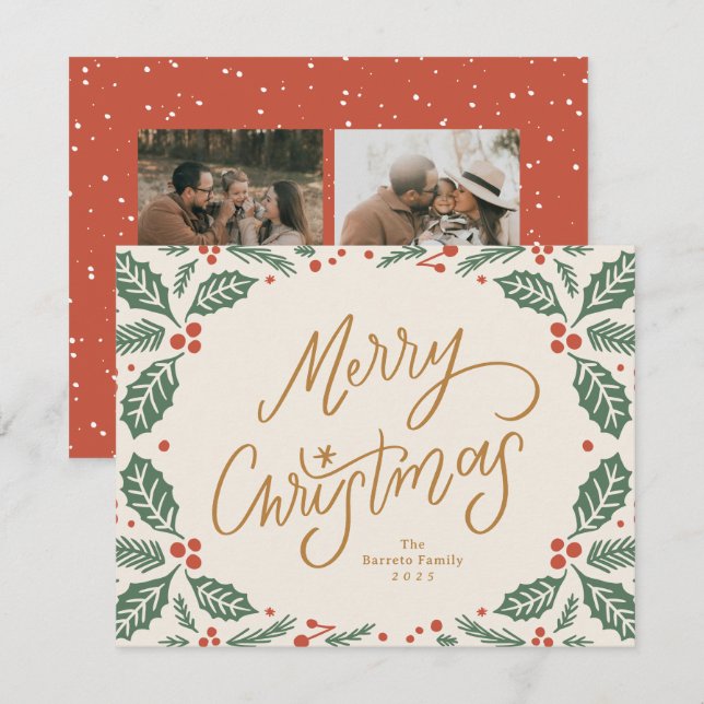 Tarjeta Festiva Whimsical Lettered Christmas Holly (Anverso / Reverso)