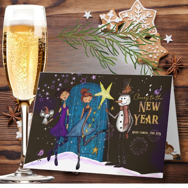 Tarjeta Festiva Whimsical Midnight Magic New Year Greeting Card (Whimsical Midnight Magic New Year Greeting Card)