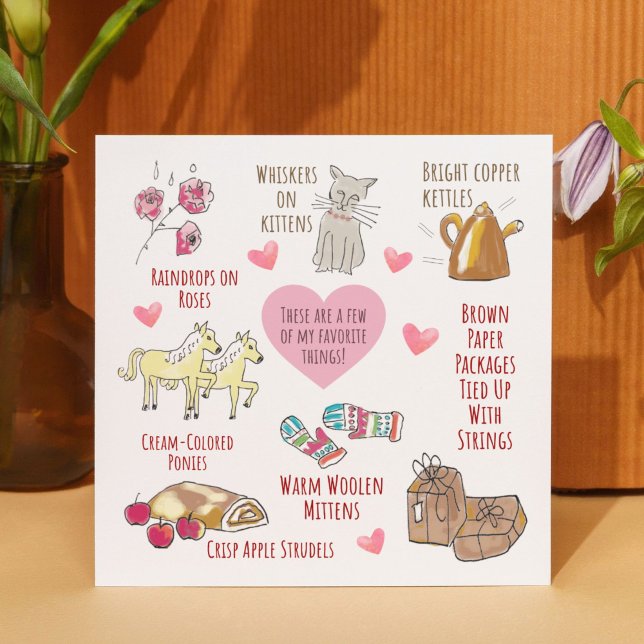 Tarjeta Festiva Whimsical Mis Cosas Favoritas De Valentine De Mano (Turn the card over for a sweet message: "You are one of my favorite things! Happy Valentine's Day.")
